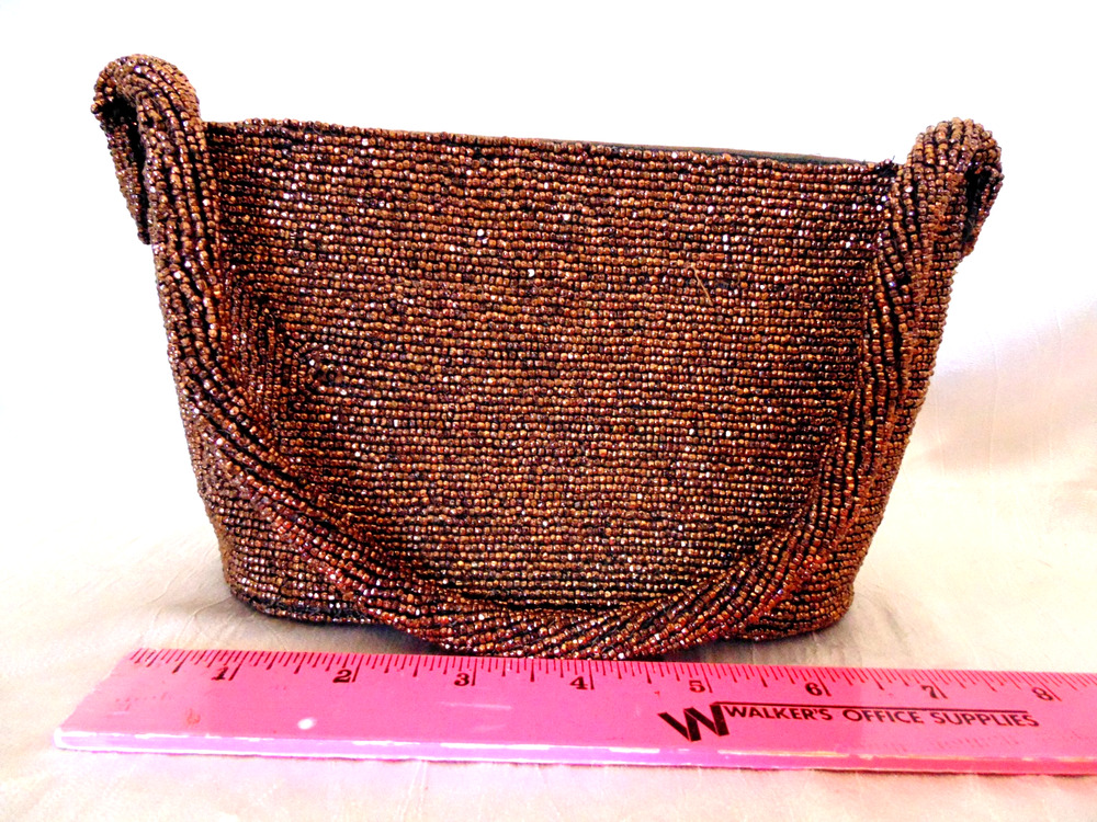 Vtg Art Deco Brown Bronze Beaded Purse Handbag Oblong Evening Bag lining repair